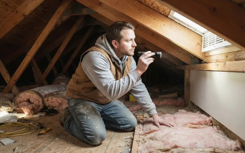A new homeowner walking through their attic with a flashlight checking insulation and ventilation as part of routine roof maintenance