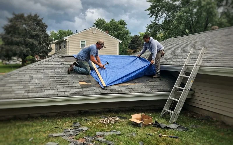A roofing crew securing a blue tarp over storm-damaged shingles on a residential roof during an emergency call